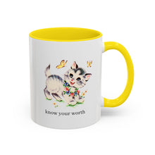 Load image into Gallery viewer, Know Your Worth Accent Coffee Mug - Cute Cat Design, Inspirational 11/15oz Mug